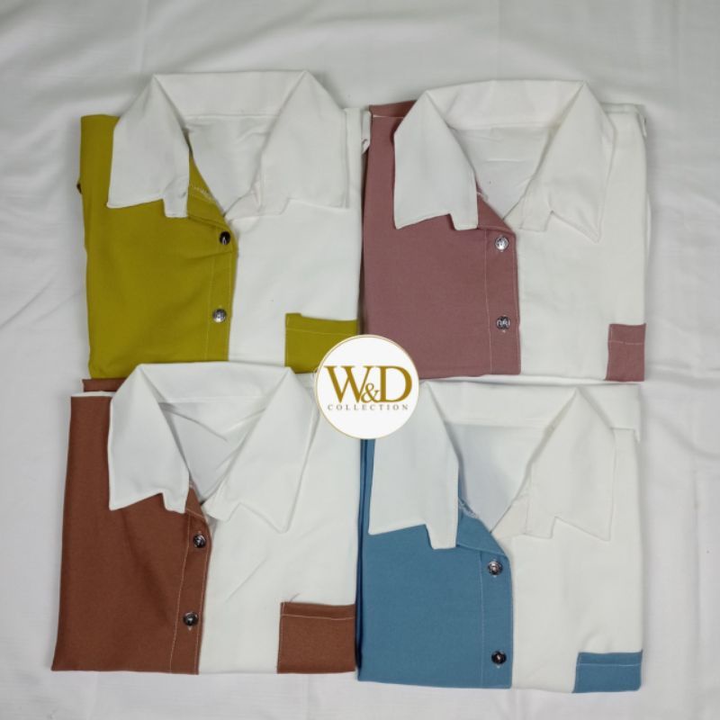 Kemeja Wanita Atasan Blouse Casual Polos Kombinasi Warna Lengan Panjang Baju Cewe Model Pinguin-6