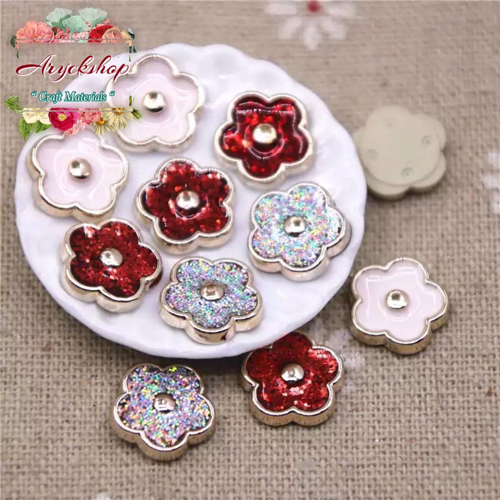 TOMBOL BENTUK BUNGA GLITER 12mm isi 6pc Petunia Flower - Resin Bunga Petunia Bahan Craft