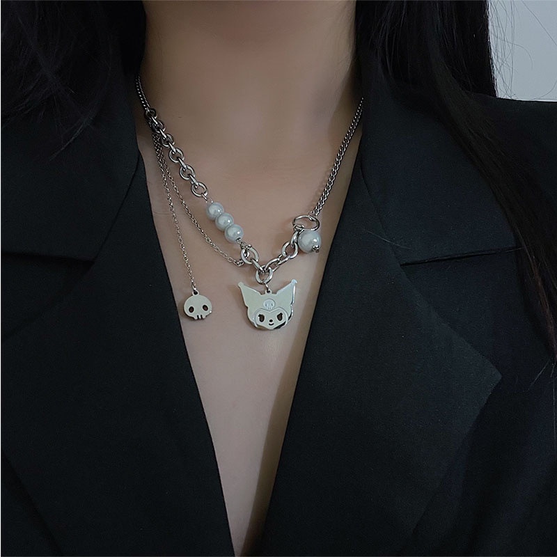 Kuromi Kalung Rantai Banyak Lapis Bahan Titanium Steel Dengan Mutiara Untuk Wanita