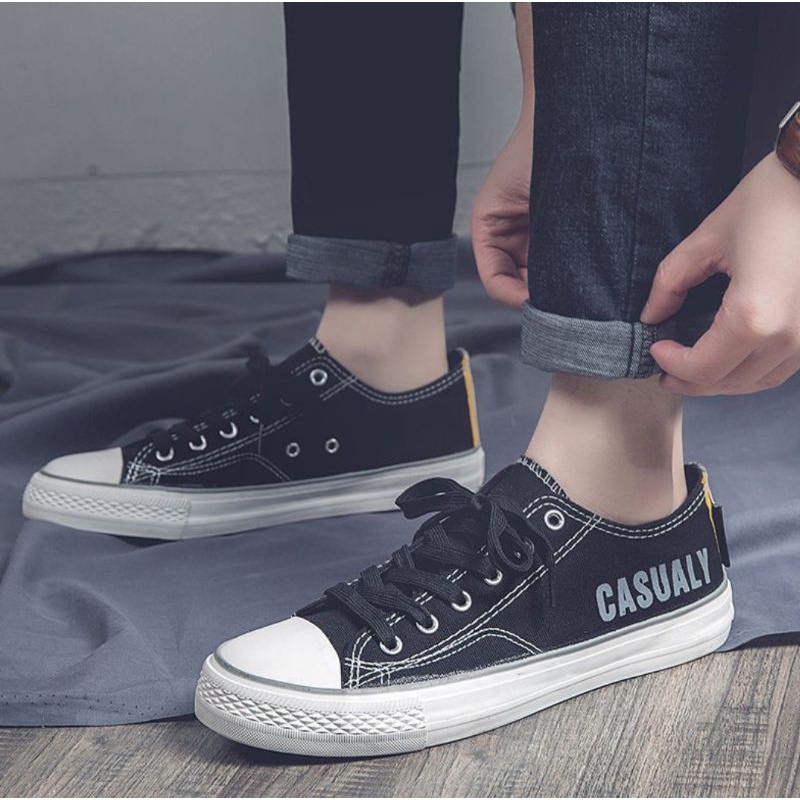 IDEALIFESHOES Sepatu Cowok Couple Sneakers Impor Korea Casual Low Top High Top Canvas Warna Hitam kyb02 Casualy shoes Pria