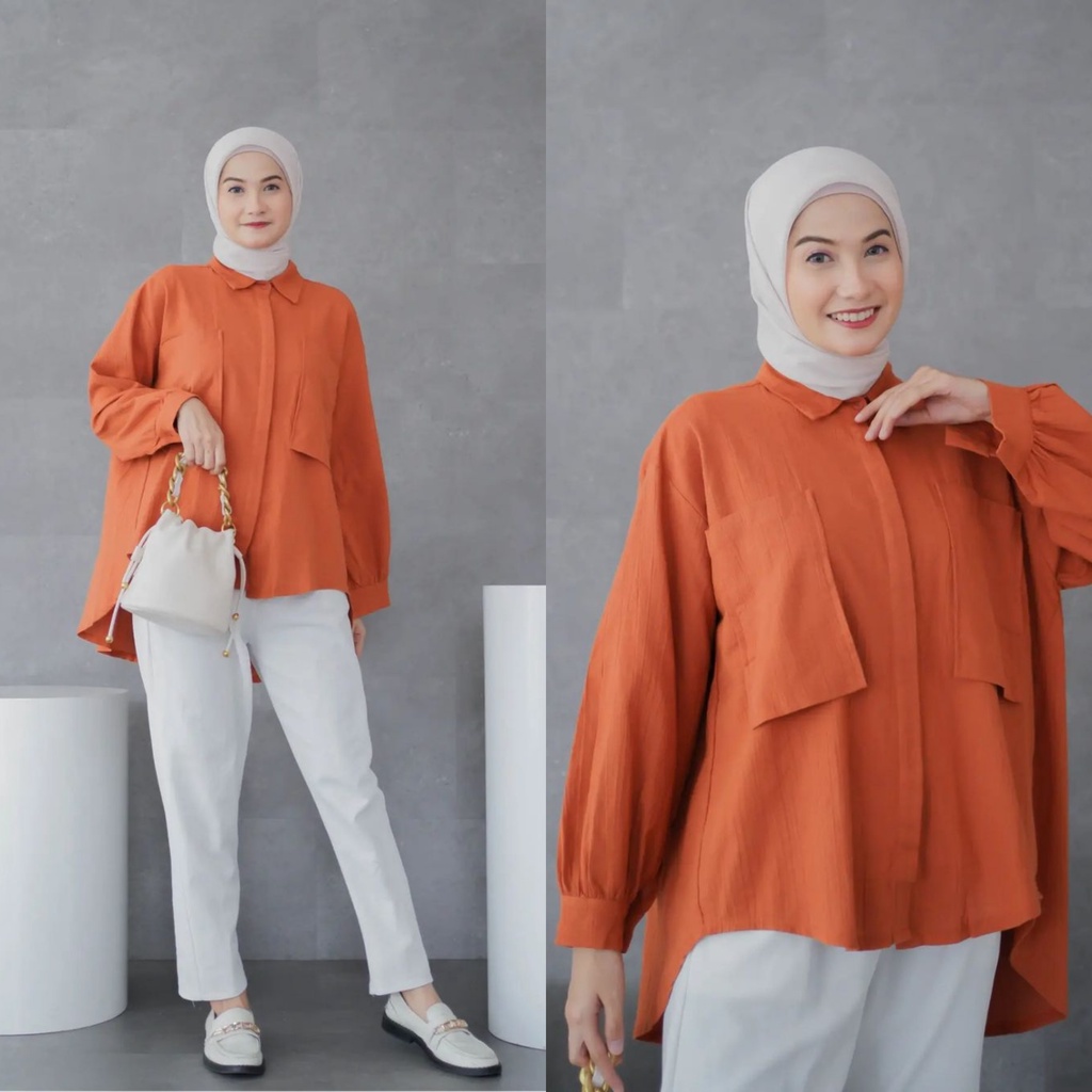 Baju Kemeja Polos Katun Linen Oversize Wanita Lengan Panjang Double Pocket - Kalina Shirt