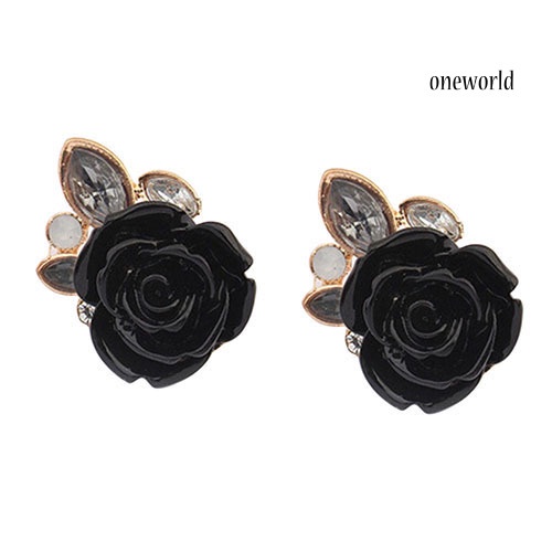 OW@ Women's Retro Elegant Rose Flower Rhinestone Inlaid Ear Studs Earrings Gift