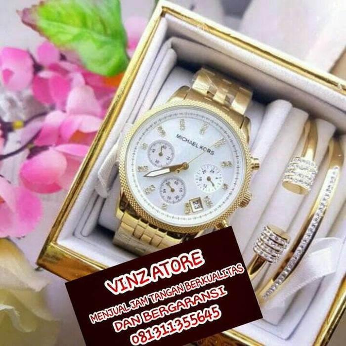 JAM TANGAN WANITA CEWEK MICHAEL KORS MK SET GELANG GOLD PUTIH PREMIUM