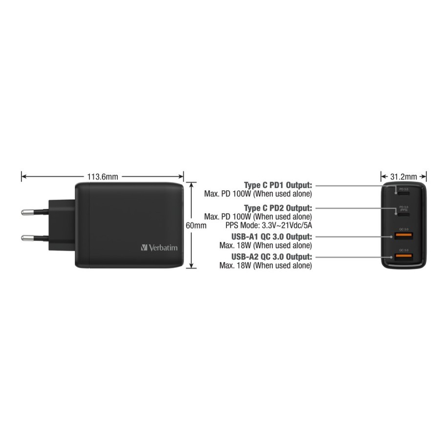 USB Charger Verbatim 4-port 100W with PD 3.0 &amp; QC 3.0 GaN