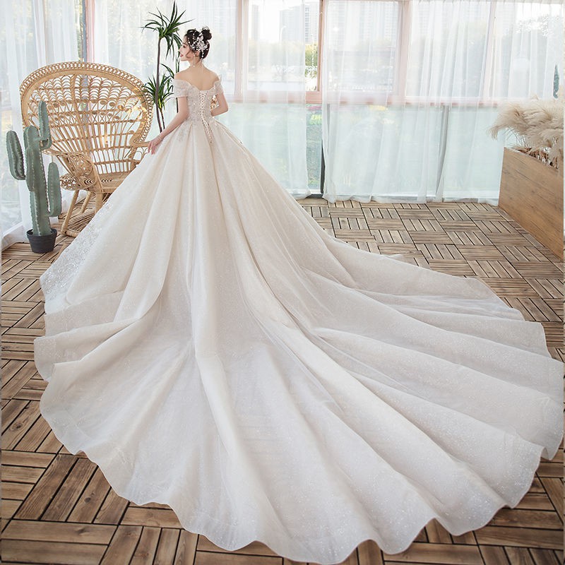 Putih Sabrina Gaun Pengantin Wanita White Long Tail Bridal Wedding Dress Bright Sequin Lace Beaded Wedding Gown Gaun Pengantin Wanita Ekor Panjang