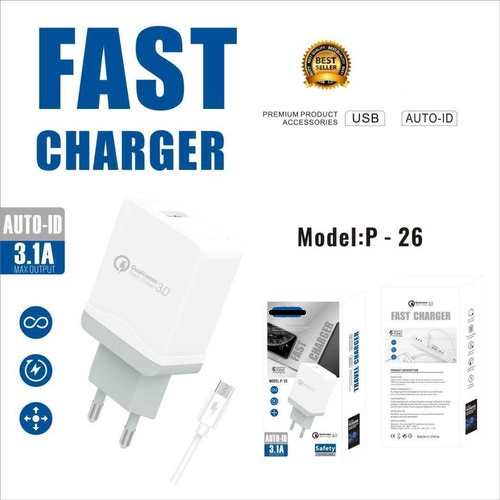 Adaptor Charger 3.1a kabel tipe micro usb High Quality FAST CHARGING Model P-32 cas universal 1 port murah berkualitas NO BRAND