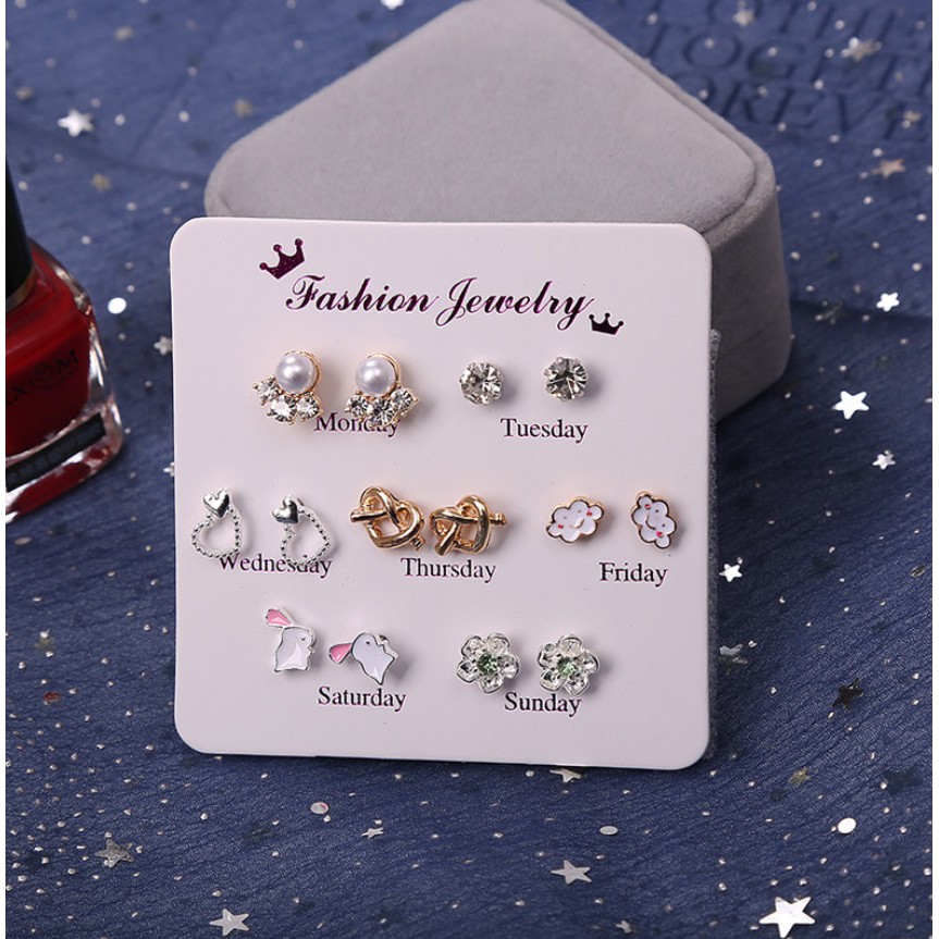 7 Pasang Anting Tindik Tusuk Set  #9 AWAN Satu Minggu Week Ins Gaya Korea Fashion Plug Earring