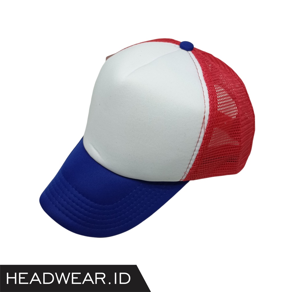 Topi Jaring Trucker Biru-Putih-Merah Polos Dewasa Premium