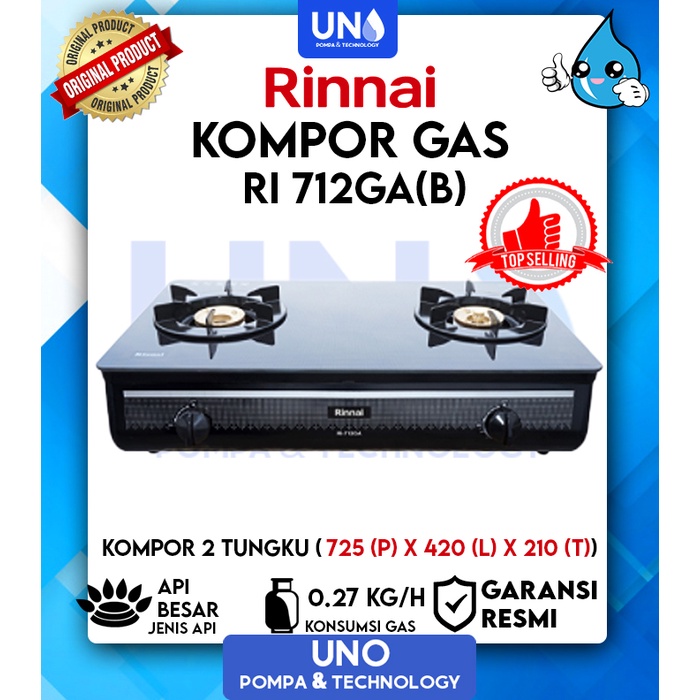 Rinnai Kompor Gas Kaca Anti Pecah Tempered Glass 2 Tungku Api Besar RI 712 GAB / RI-712 GAB / RI712GAB