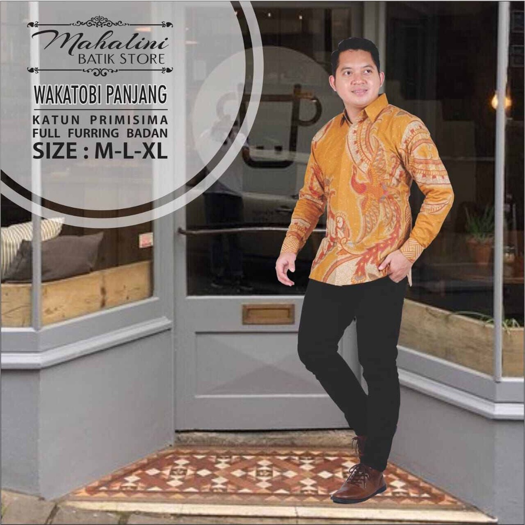 Kemeja batik warna oren terbaru / kemeja batik pria lengan panjang full furing warna orange / baju batik Kondang lengan panjang warna oren WAKATOBI OREN