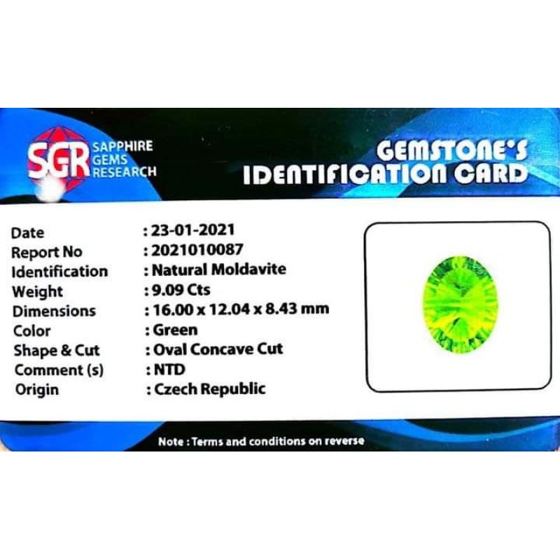 Batu permata natural green moldavite beserta memo