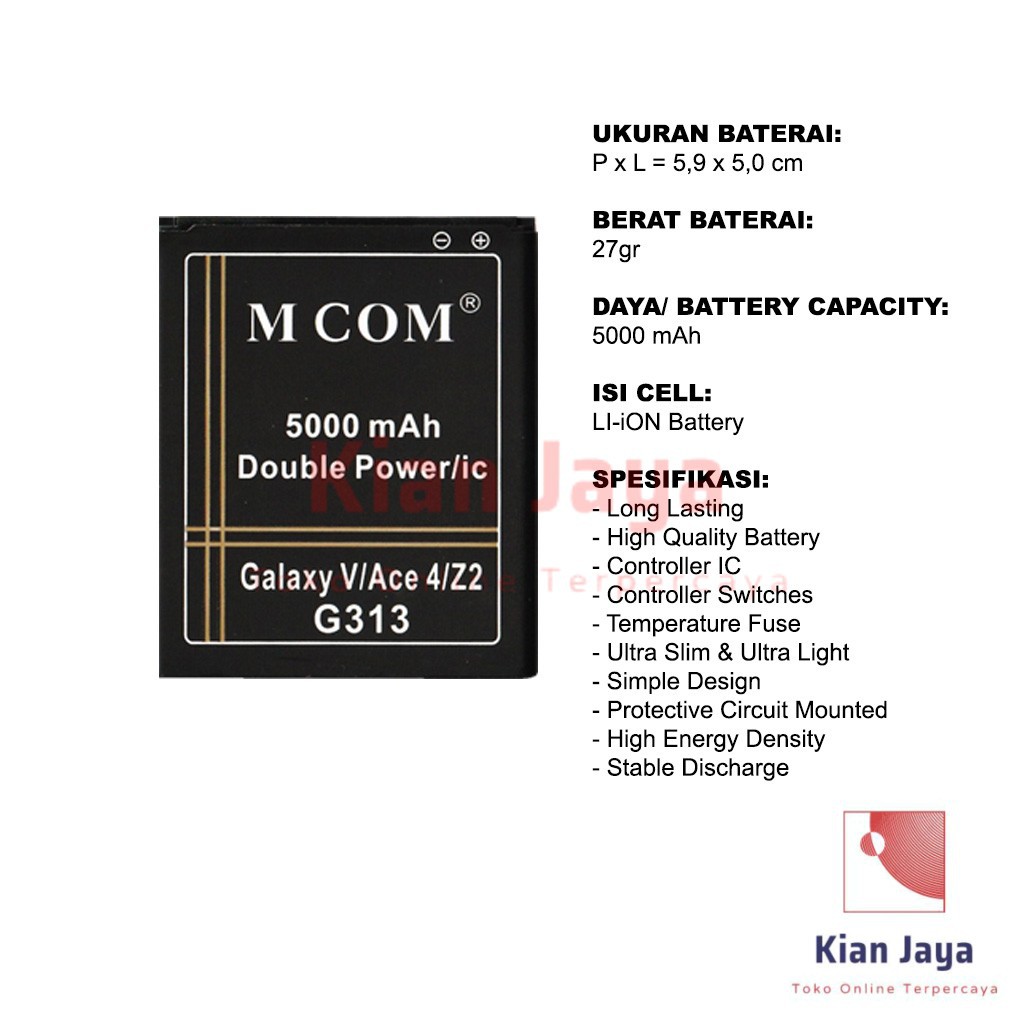 MCOM Baterai Hp Samsung Galaxy V G313 Ace 3 4 Z2 Double Power Batre Batrai Battery Ori