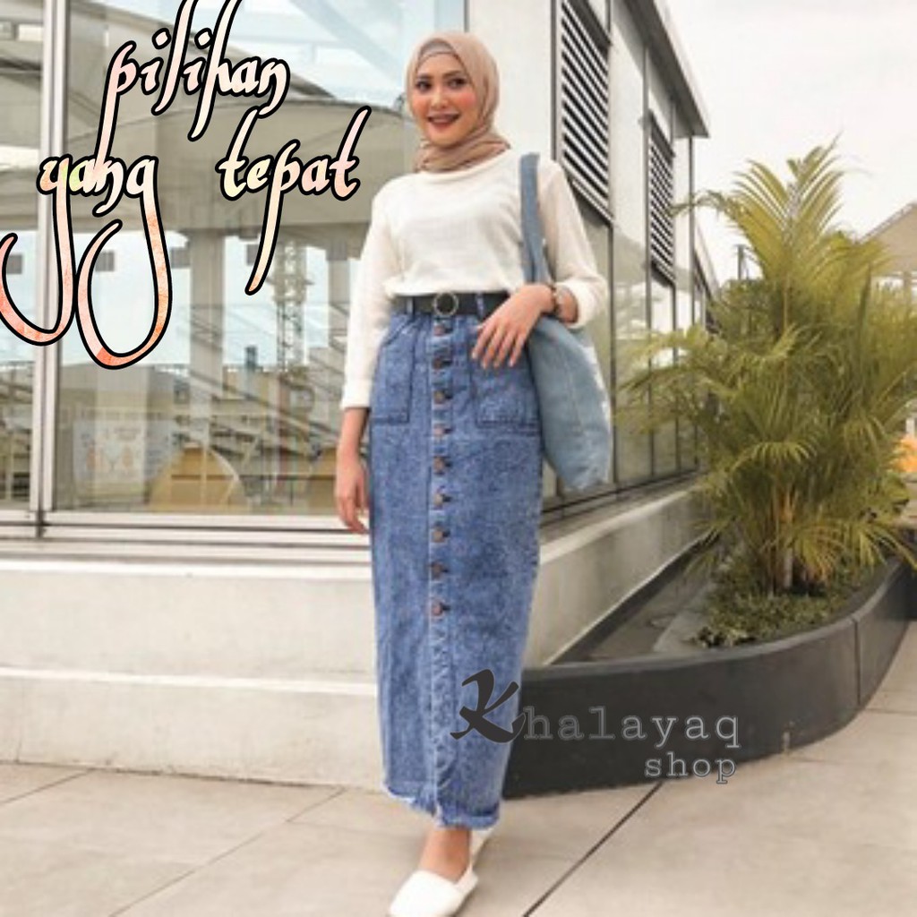 ORIGINAL Rok Jeans Panjang Gisca Kancing Depan Black Snow Blue Nevy bisa COD