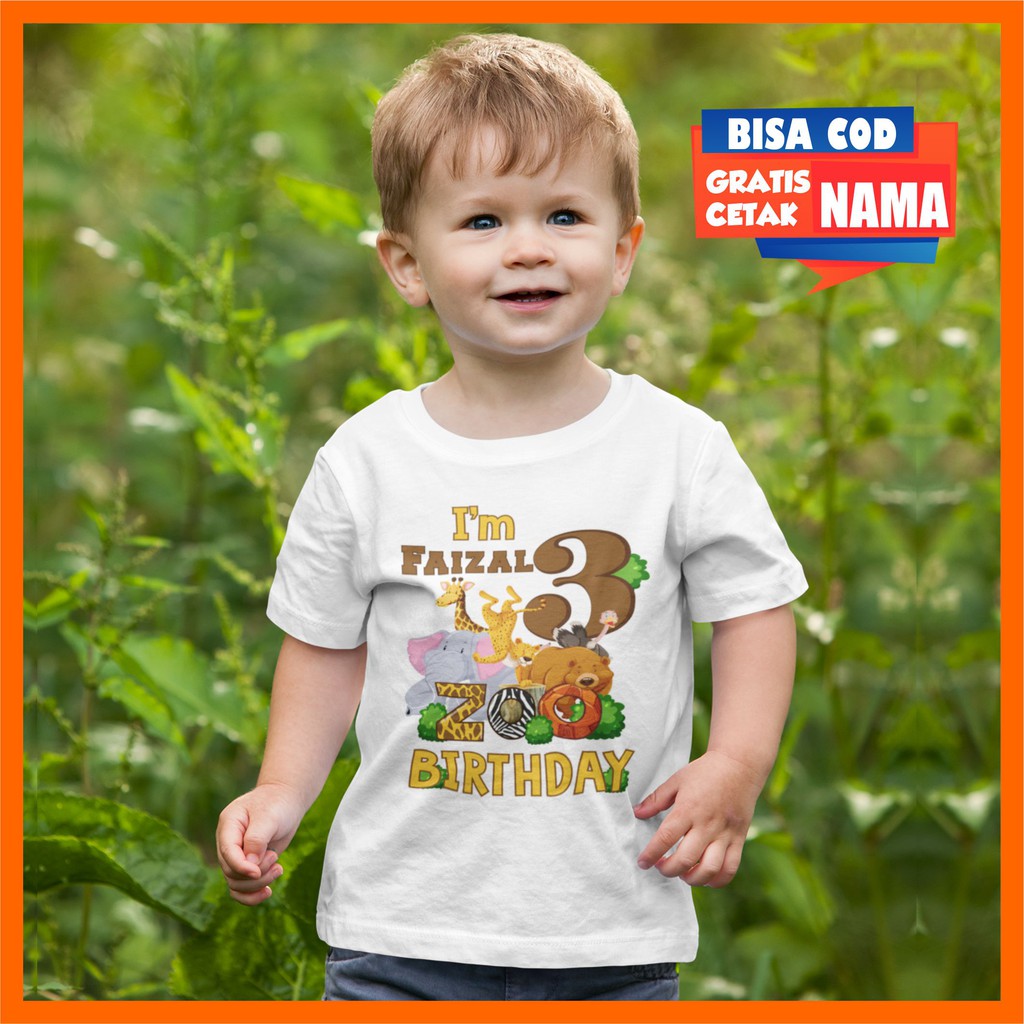 Baju Kaos Ulang Tahun Ultah Birthday Anak Motif Animal Zoo Safari Jungle Gratis Cetak Tulis Sablon C