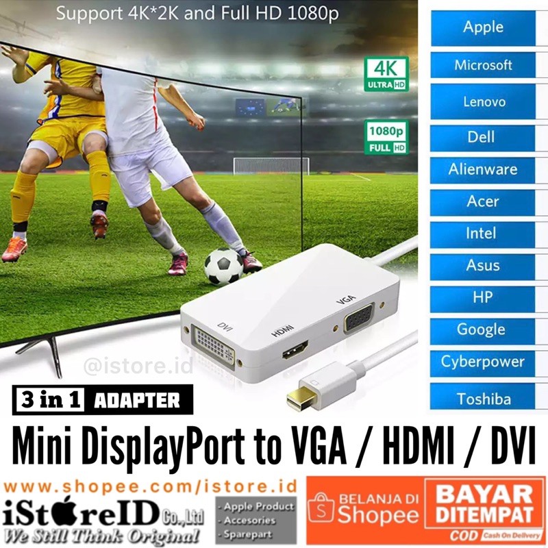 3 In 1 Adapter Mini DisplayPort DP Thunderbolt Male to HDMI DVI VGA Female