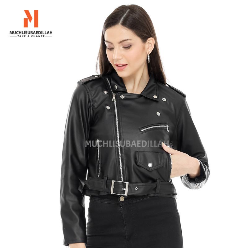 [BISA COD] Jaket Semi Kulit Wanita CROP/ Sintetis Premium
