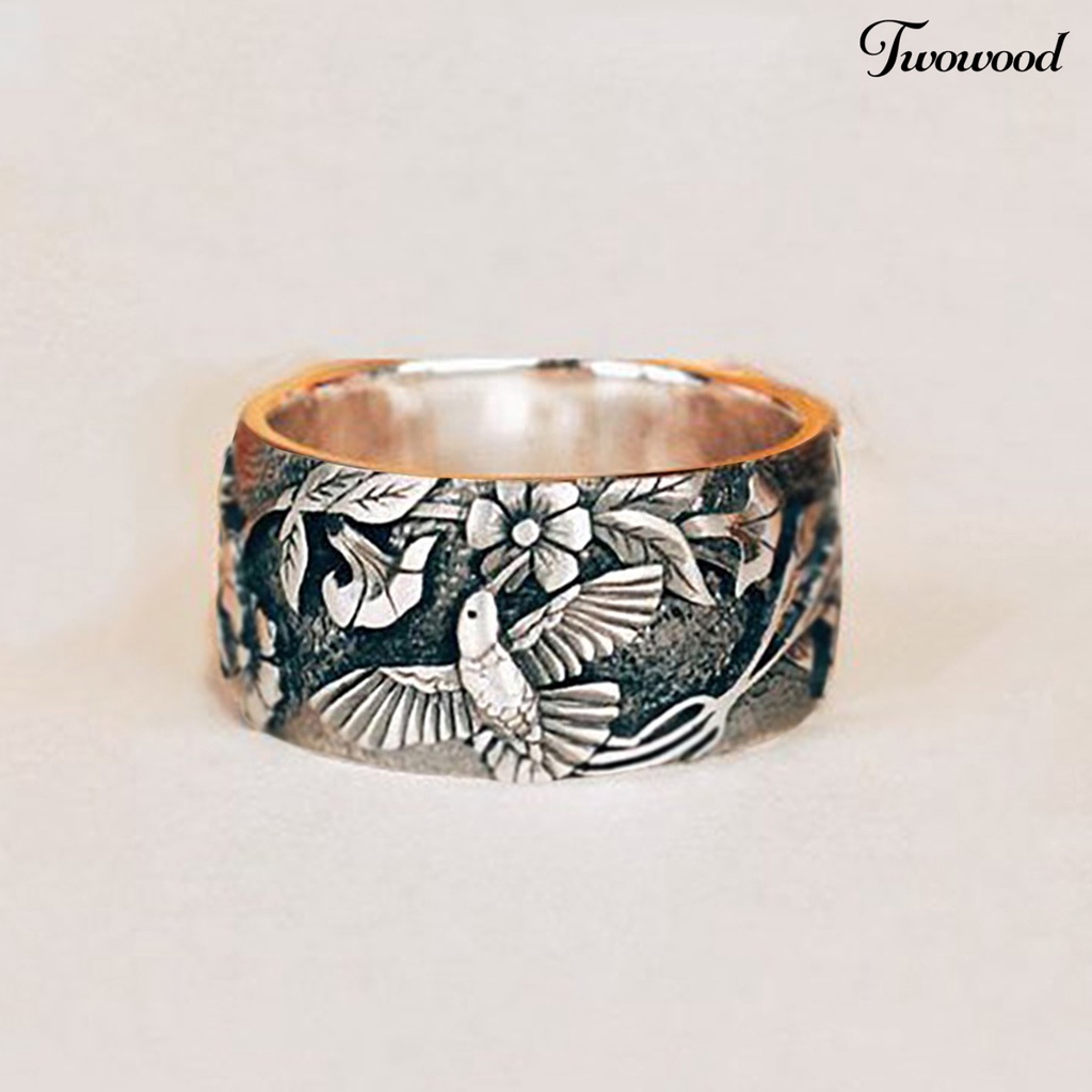 Twowood Bird Flower Pattern Unisex Ring Retro Color Alloy Wide Hip Hop Finger Ring Jewelry Accessory