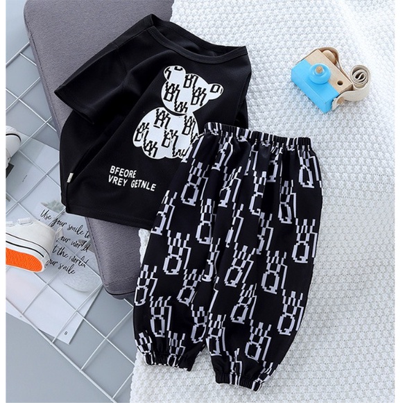 setelan baju anak cowo cewe unisex import premium LENGAN PENDEK TEDDY DUDUK CELANA BB