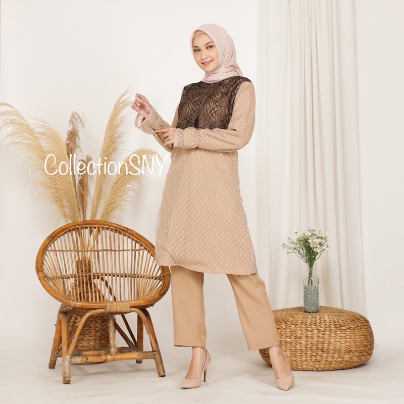 TUNIK SET TULLE DOT VARIASI  BRUKAT PERANCIS (CREAM Variasi Hitam)