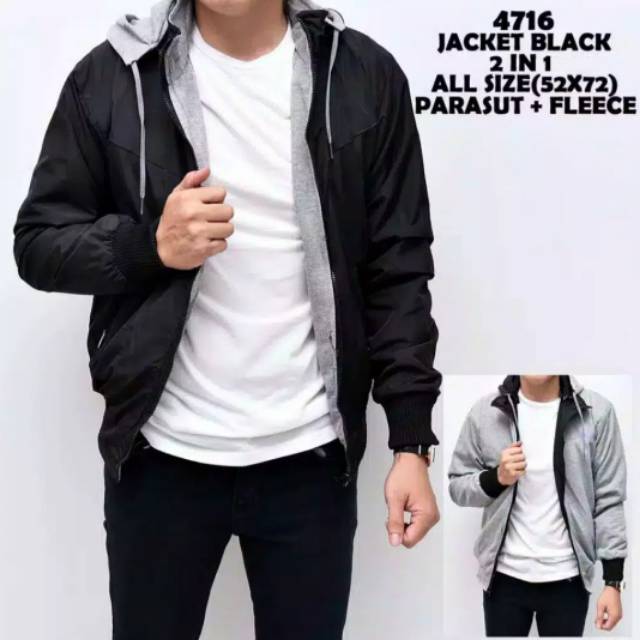 Jaket BB 2IN1 /Jaket Parasut Fleece Bolak Balik /Jaket Motor Pria Warna Hitam