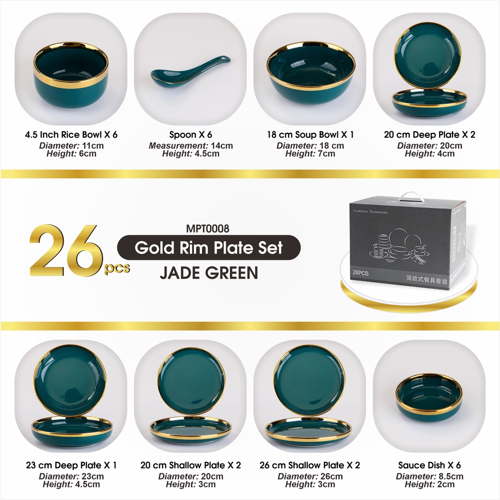 Set 9 &amp; 26 PCS Piring Mangkok Makan Hijau Keramik Pinggiran Emas Cantik Ceramic Mewah Western Steak Gold Rim Plate