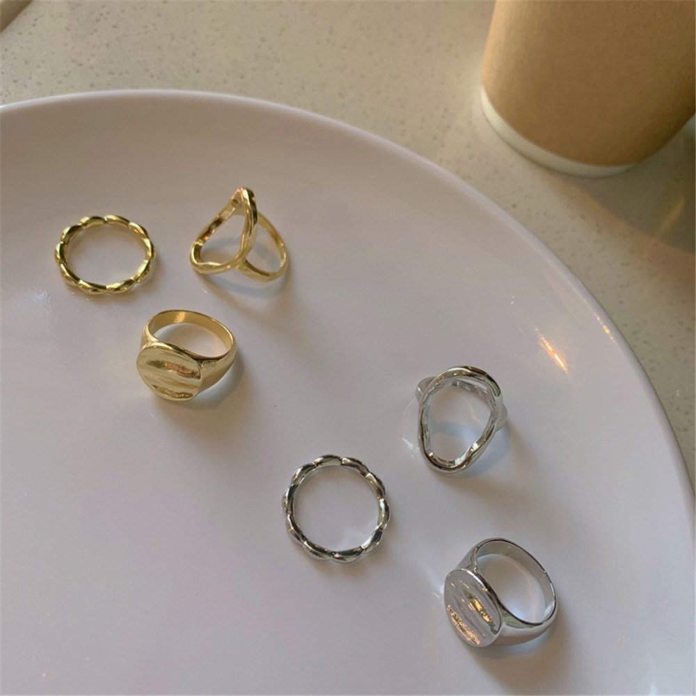 3pcs / set Cincin Bentuk Oval Geometris Gaya Punk Klasik Untuk Wanita