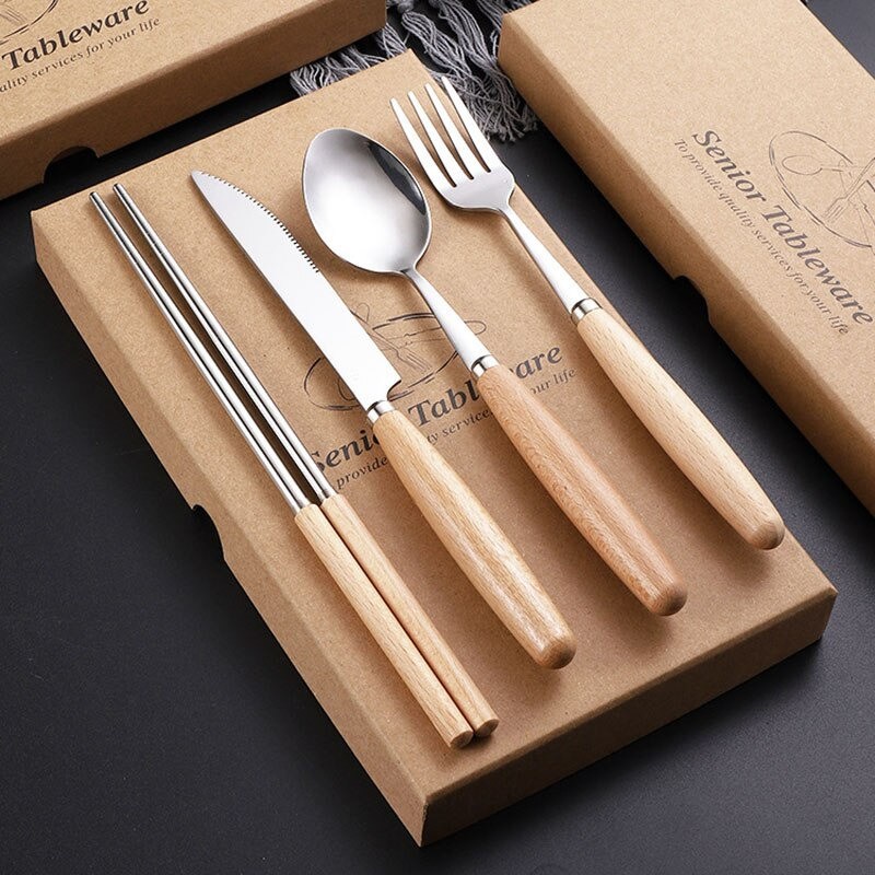 Set Perlengkapan Makan Sendok Garpu Pisau Sumpit Wooden Handle - KA202 - Brown/Silver