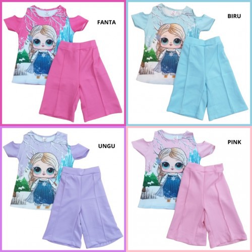 SETELAN CELANA KULOT ANAK PEREMPUAN LENGAN BOLONG ANEKA MOTIF LOL