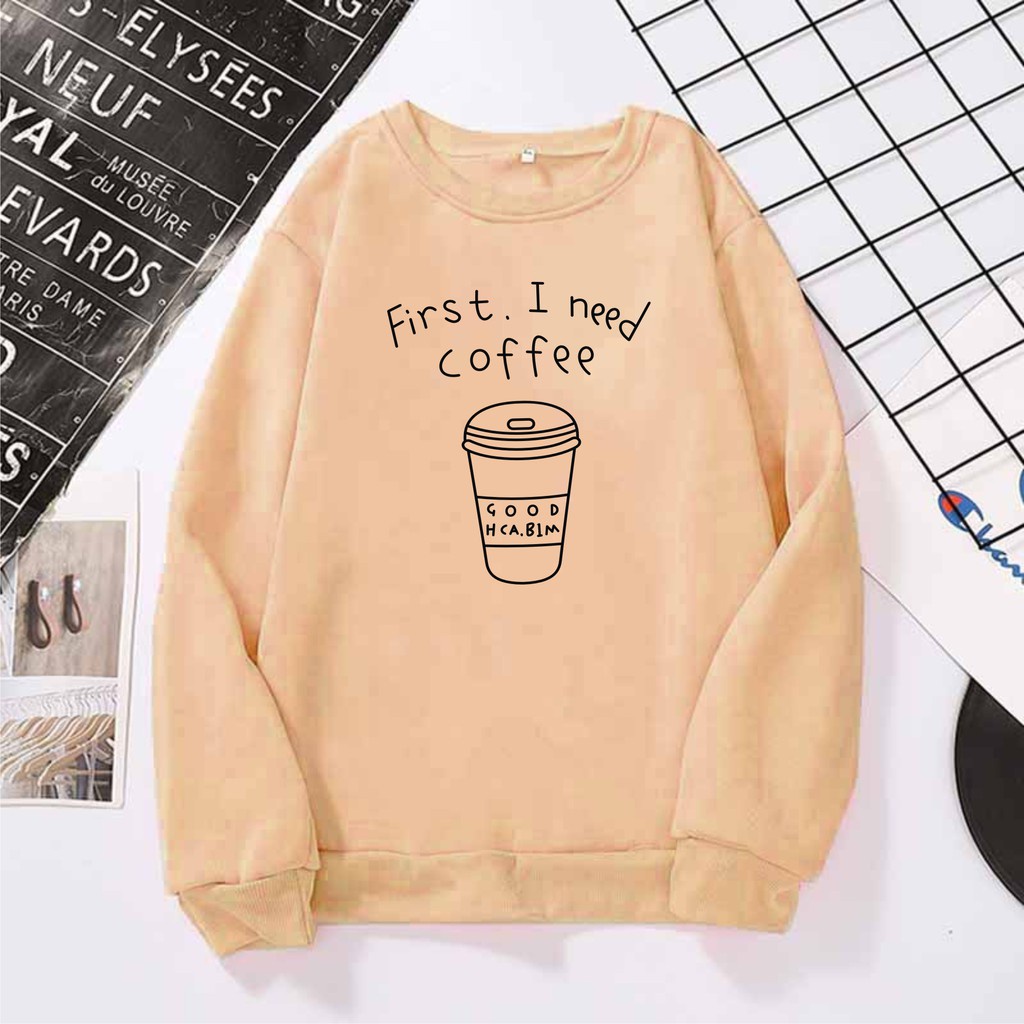 Fist I Need Coffee Sweater Crewneck Oblong Wanita Size M-L-XL-XXL JUMBO