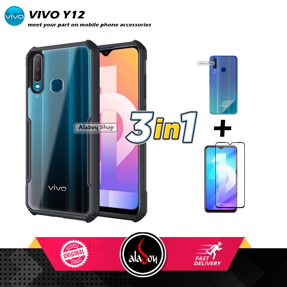 Case VIVO Y12 Armor Fushion Transparent Casing + Tempered Glass Full Layar dan Skin Carbon