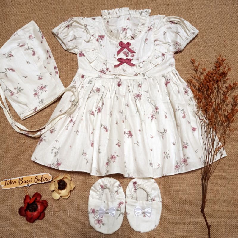 Dress bayi 0 6 12 bulan set sepatu bandana / bonnet Setelan Baju bayi Perempuan 100% Katun SNI Pakaian anak Cewek-1
