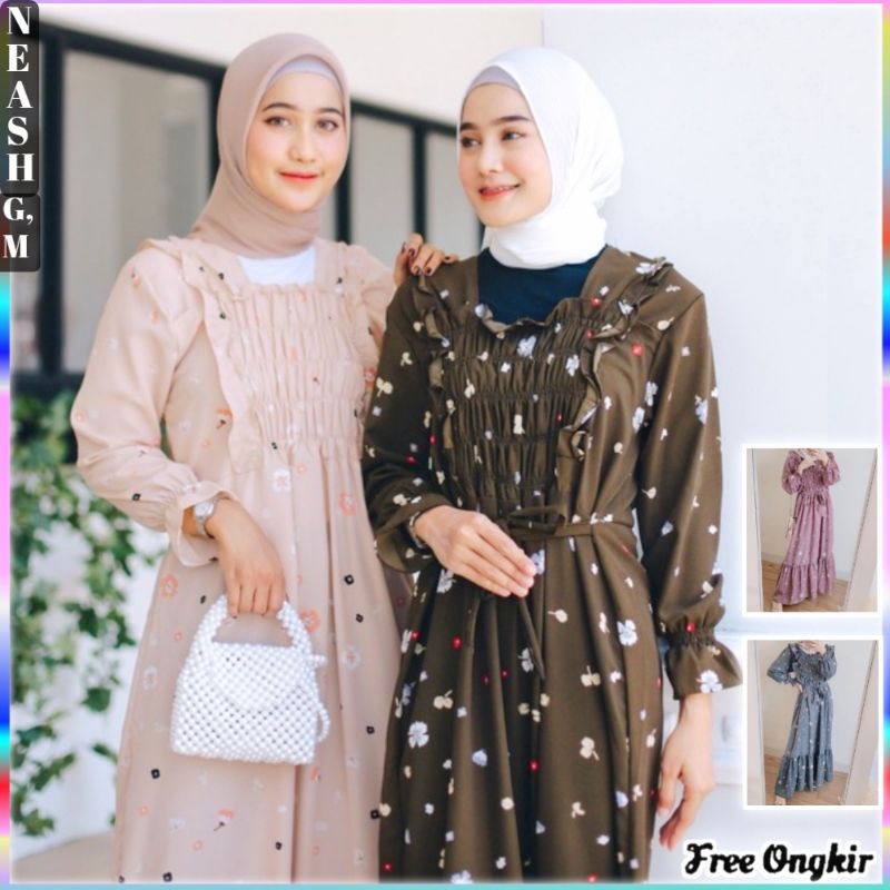 Gamis Dress Muslim Motif Bunga Kecil Wanita Syari Ori Rayon Crinkle Premium Busui friendly  Rempel Melingkar