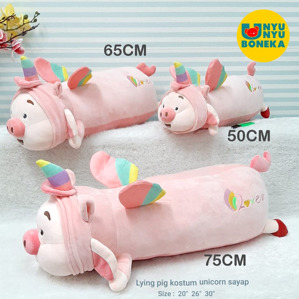 Boneka Guling Babi Big Lying Pig Costum Unicorn Sayap 75CM Import