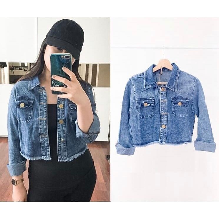 Jaket jeans wanita Korea jacket Ashanty Snow crop jaket jeans tebal wanita terbaru jaket remaja Ro jeans rumbai jacket denim wash