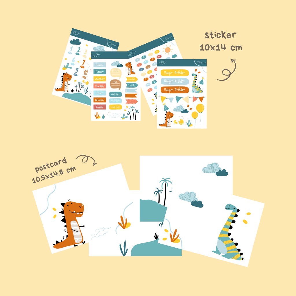 

Terlaris ✨ - Dino Series - 4 pcs Bundle Sticker Set / Pack Journaling , 6+8 Pcs Post Cards / Kartu Pos3.1.23
