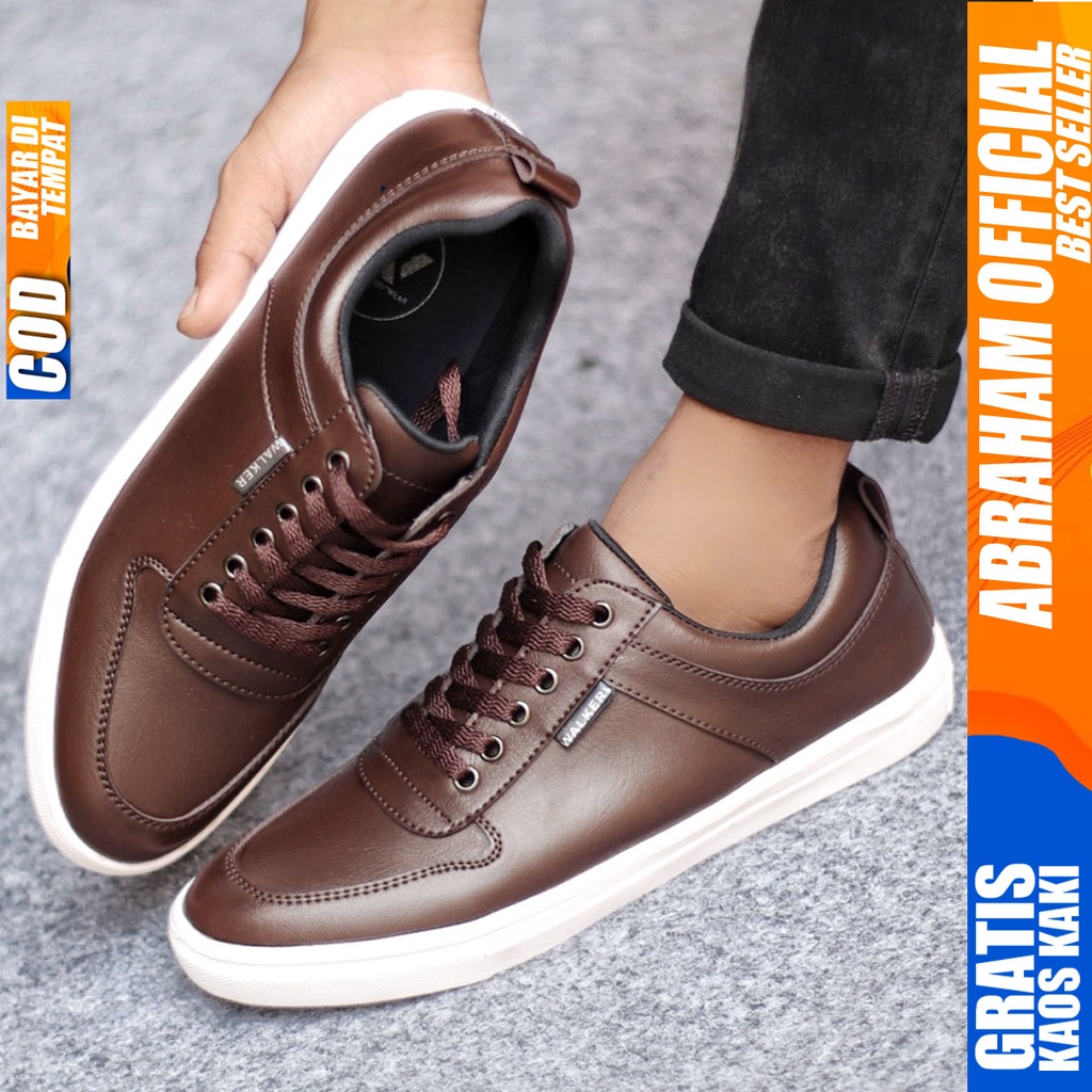 Sepatu Kasual Pria Sneakers Casual Kulit Pu Kerja Polos Hitam Coklat TIAGO ABRAHAM