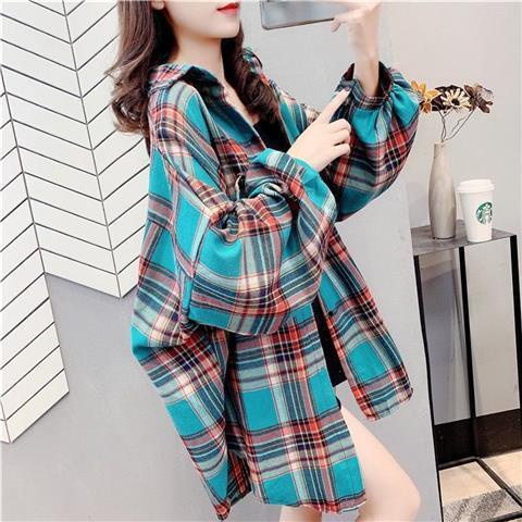 Kemeja wanita casual Kotak-kotak Lengan Panjang Blouse/Model Longgar Kemeja Wanita Casual Kemeja wanita-7