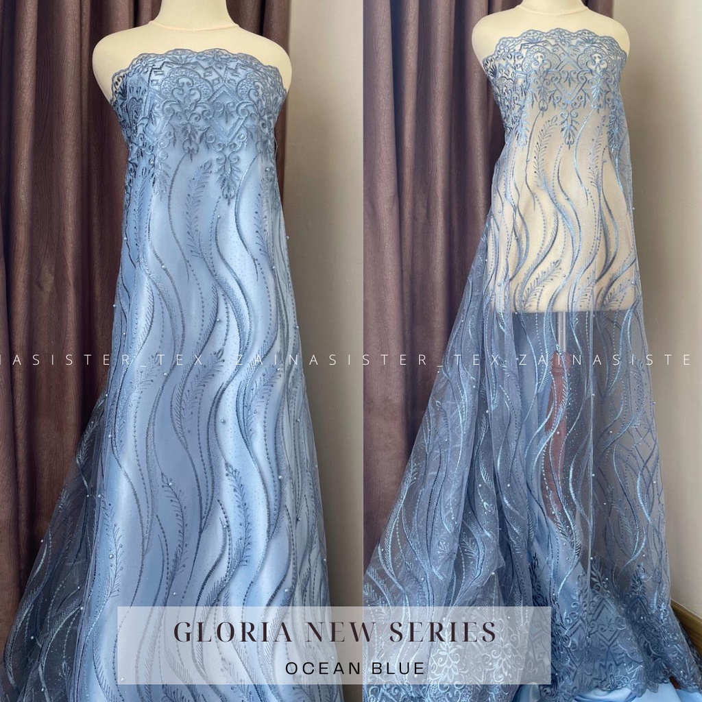 Bahan Kain Brokat Tile Bordir Mutiara Premium Gloria New Series Warna Ocean Blue Biru Muda