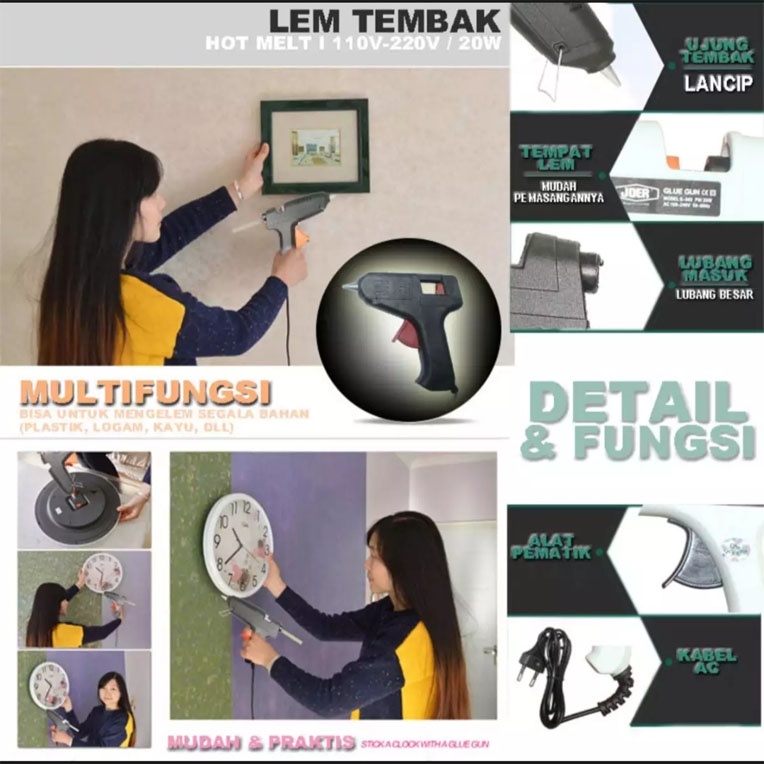 Lem Tembak 1 Set Murah Glue Gun 20 Watt &amp; 10 Pcs Refill Lilin Lem Tembak