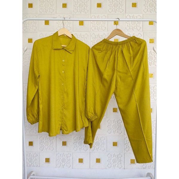 TPKK One Set Kerah Piyama Wanita Kekinian Rayon polos Pajamas Tangan Panjang Lengan Kerut Karet