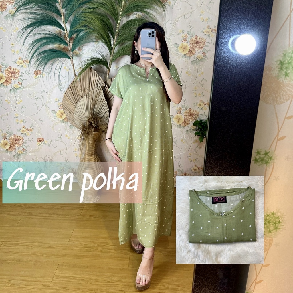 PART1 NCDY HOMEWEAR DASTER PANJANG SEMATA KAKI LD 130cm BUSUI FRIENDLY JUMBO-Green polka