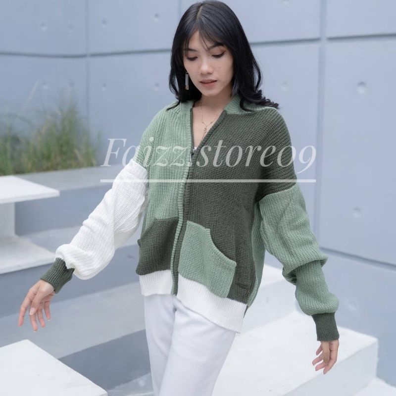 Hoodie TWO-TONE Jaket Rajut OVERSIZE Zipper/Sweater Rajut wanita Hoodie STORE09