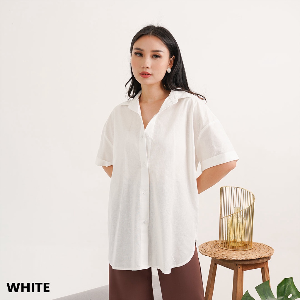 Kemeja Oversized Katun Lengan Pendek Pony Blouse Top Atasan Wanita