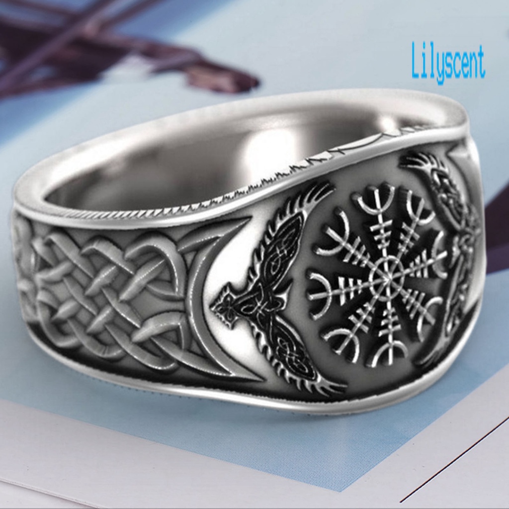 Lily Cincin Lebar Motif Ukiran Elang Kompas Bahan Alloy Warna Silver Untuk Pria