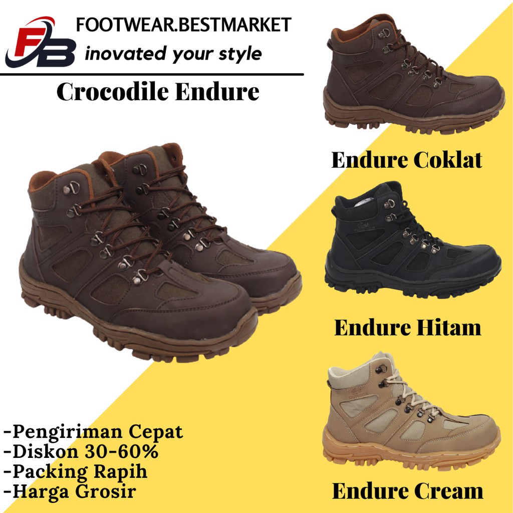 telaris !! sepatu boots safty ujung besi crocodile endure pvc coklat sapatu hiking muncak keren !!