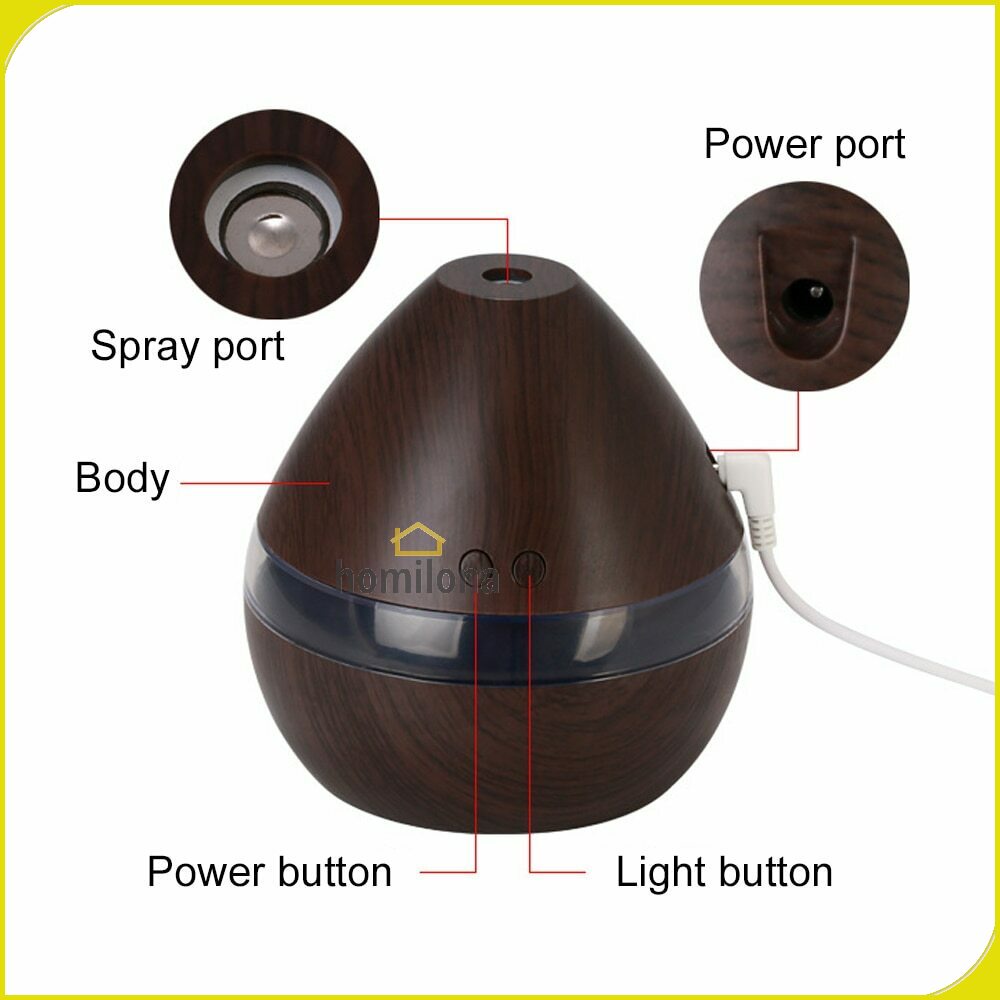 Humidifier Diffuser Aromaterapi Motif Kayu 300ml LED RGB Color - Taffware Humi H218 Wooden Dark Brown / Pelembab Udara Aromatherapy Essential Oil Burner Wood Design 100% Ori