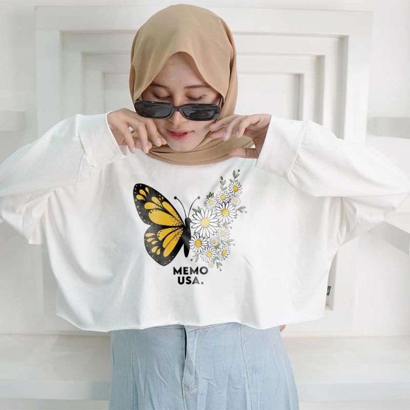 memousa T-shirt crop top butterfly series atasan wanita long sleeve croptop tshirt