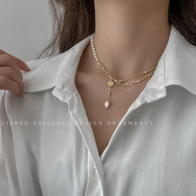 Kalung cahaya mewah minoritas retro ins sederhana double-layer kalung mutiara wanita trendi kalung n