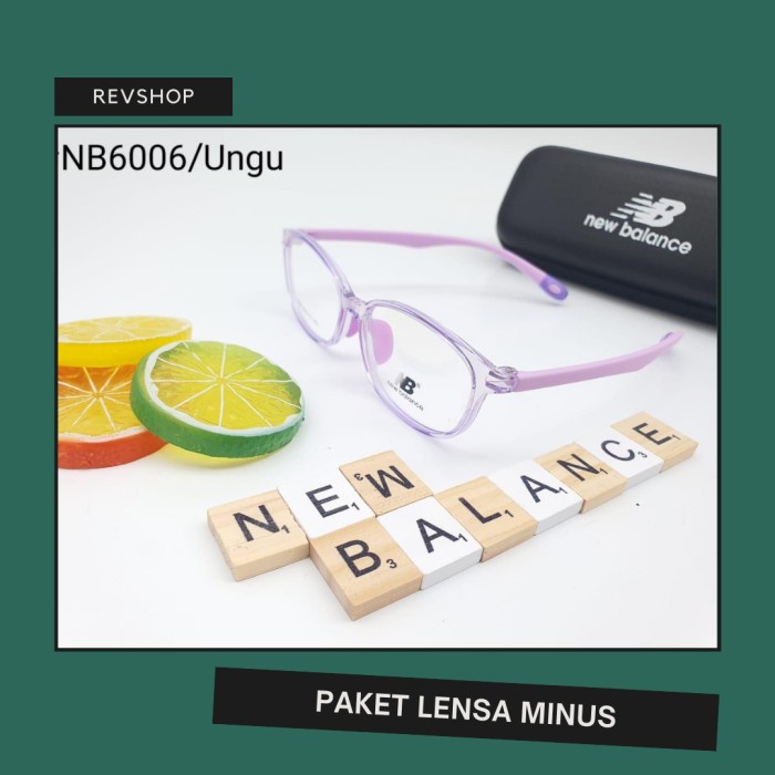 Paket Frame Kacamata Anak New Balance 006 Lensa Anti Blueray - ungu bening