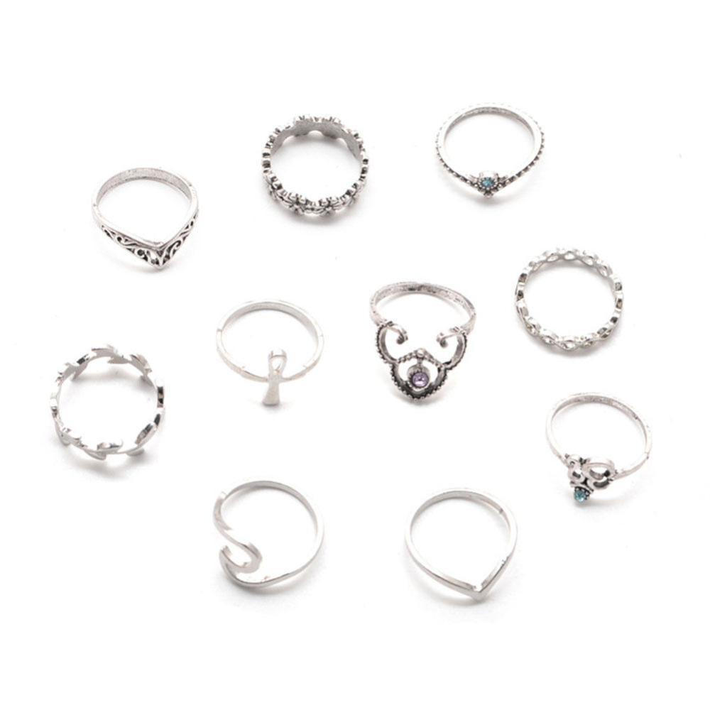 Timekey 10pcs / Set Cincin Midi Silver Wanita Desain Bunga / Daun Hollow Hias Kristal Berlian Imitasi A4K8